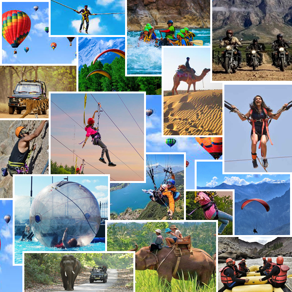 A breathtaking collage capturing people on a mountain, a serene river, and an exhilarating parachute adventure. Experience nature's wonders and thrill!